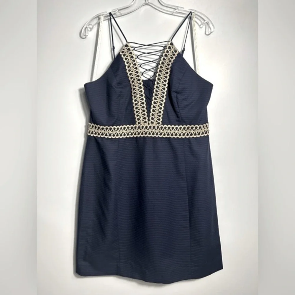 Lilly Pulitzer Golden Embroiled Trista Cotton Shift Halter Neck Dress Navy Blue